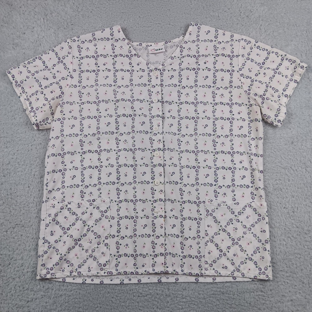 Life Scrub Top Medical Uniform XL White Blue Pink Floral Button Front Pocket